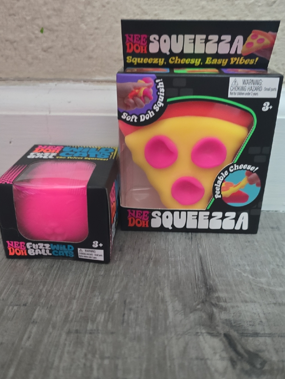 Needoh Squeezza Yellow & Pink Pizza Squeeze Toy And Pink Fuzzball Wild Cats